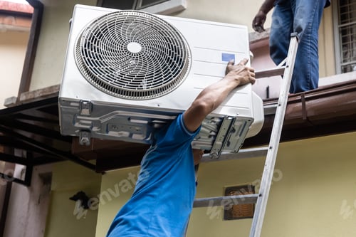Preview: Technician transporting outdoor air conditioner compressor unit onto roof for installatiion
