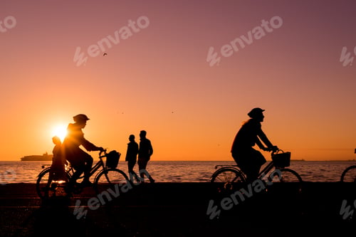 Preview: Silhouettes of people enjoying a walk during sunset