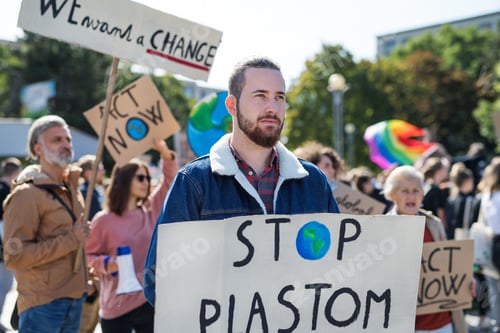 Preview: People with placards and posters on global strike for climate change.
