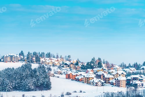 Preview: Beautiful Zlatibor landscape in winter with colorful houses and evergreen pine trees on hill in snow