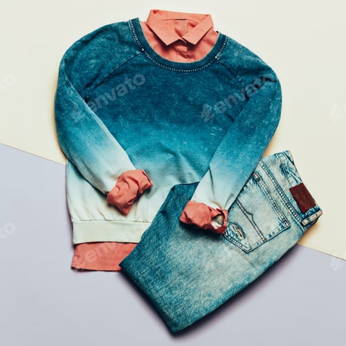 Preview: Fashion woman accessories set. Blue jeans, Sweater and shirt hip