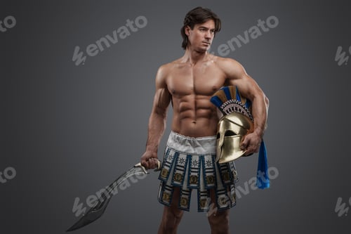 Preview: Strong swordsman from antique greece against grey background