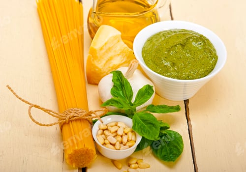 Preview: Italian traditional basil pesto pasta ingredients