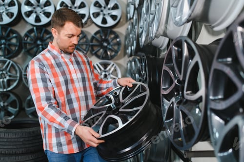 Preview: Car mechanic holding car rims ready to mount the wheels in workshop