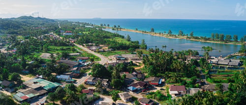 Preview: Panoramic aerial drone view of river and sea in Pantai Angin Berbisik, Marang, Terengganu, Malaysia