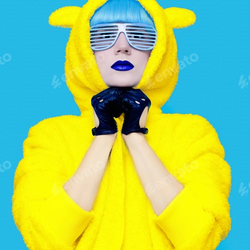 Preview: Teddy bear crazy girl in a bright hoodie on a blue background co
