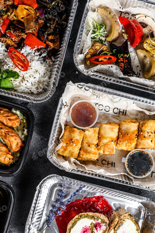 Preview: Choosing take away food. Spring rolls, dumplings, gyoza and dessert in lunch box. Take and go