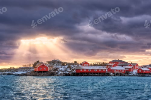 Preview: Norwegian fishing village and sea coast at sunset