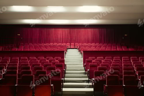 Preview: Empty red chairs and stage for audience in the theater