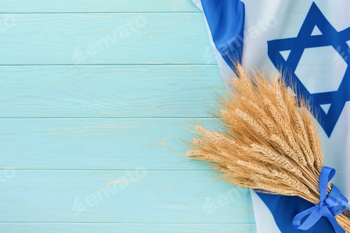 Preview: Shavuot jewish background. Ripe bouquet of wheat with blue ribbon with Israel flag and backgrounds.