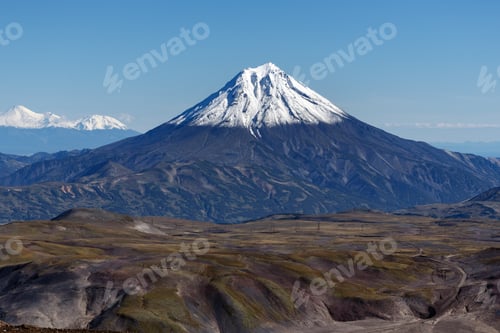 Preview: Scenery Autumn Mountain Landscape - View of Snowcapped Cone of Volcano