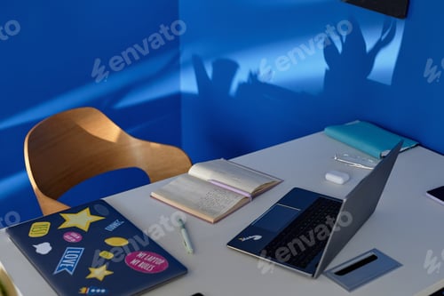 Preview: Vibrant background image of funky workplace with laptop in blue