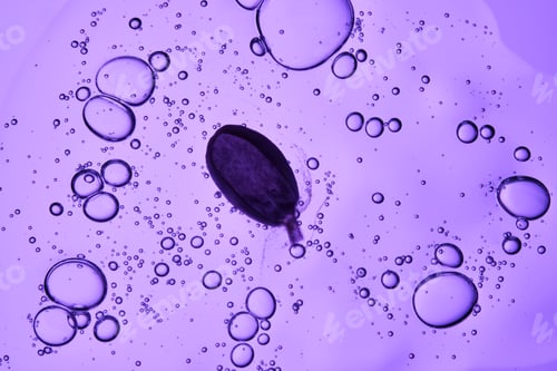Preview: A drop of cosmetic serum with bubbles and a purple petal.