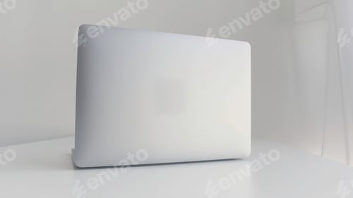 Preview: Rear view of a white laptop isolated on white background. Action. Modern slim design of a new laptop