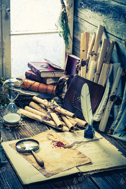 Preview: Vintage witch workshop with scrolls and ingredients