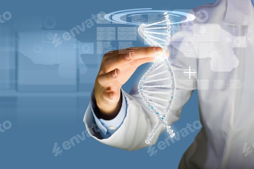 Preview: Woman Scientist Touching Dna Molecule Image At Media Screen