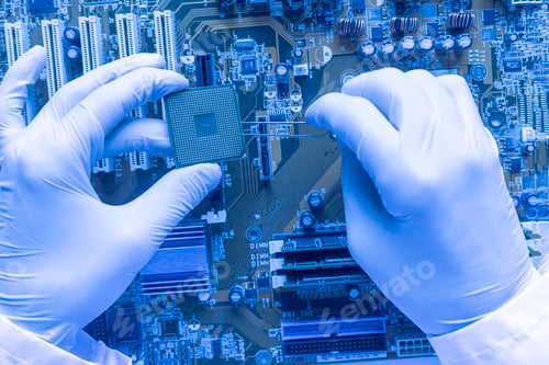 Preview: the scientist hands in gloves work with a circuit board in laboratory, close up view
