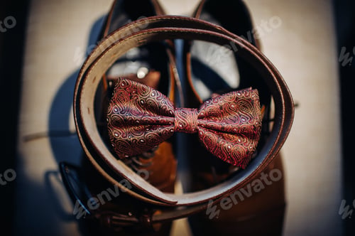 Preview: a red bow tie sits on a shelf with a belt and boots
