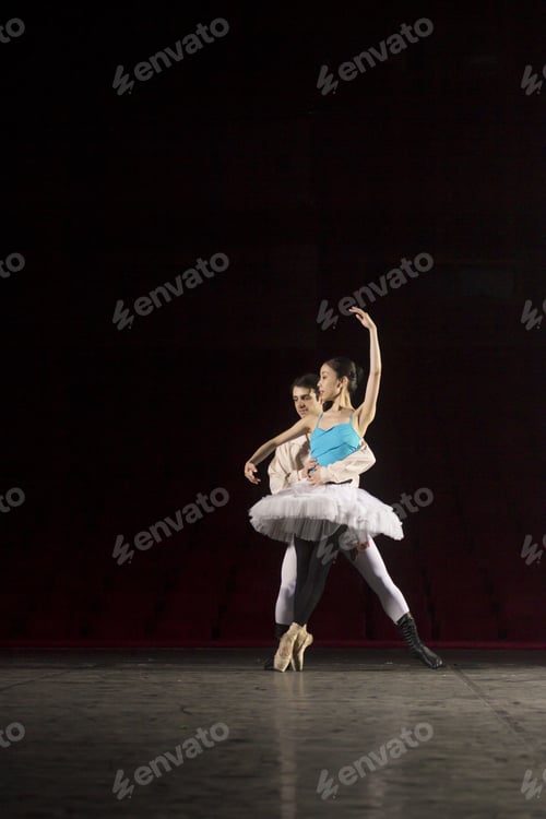 Preview: Ballet Dance Couple, Practising. On Stage In Theater.