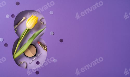 Preview: Creative arrangement of a yellow tulip, cosmetics, and pearls in a purple cutout theme