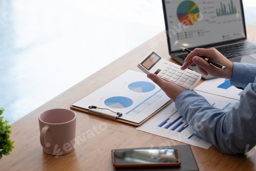 Preview: Close up view of bookkeeper or financial inspector hands making report, calculating or checking