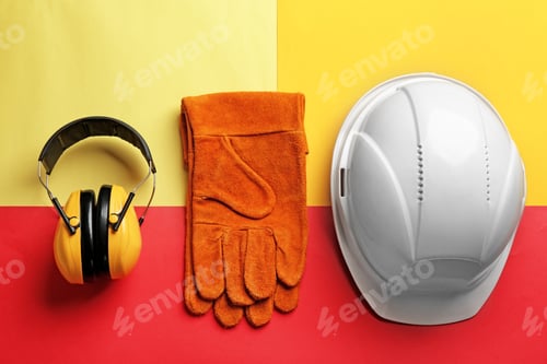 Preview: Flat lay composition with safety equipment on color background