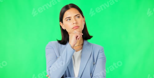 Preview: Thinking, business and woman on green screen for ideas, questions and brainstorming. Female model,