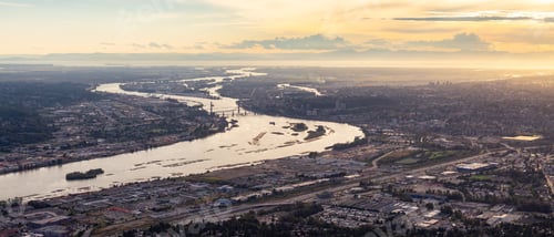 Preview: Aerial View of Fraser River and City. Cloudy Sunset Sky. Panorama. Vancouver, BC, Canada