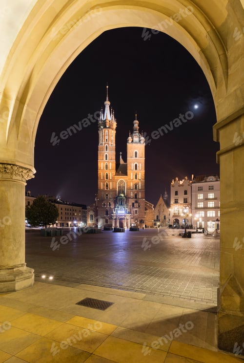 Preview: Moonlit medieval towers viewed through an archway at night