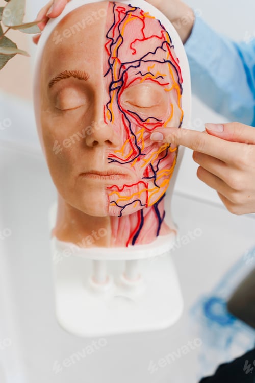Preview: Human face vascular system demonstrated in clinic. Example of facial blood supply on mannequin