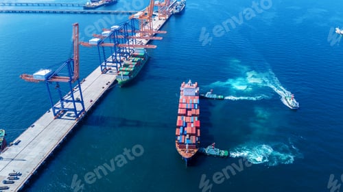 Preview: Tug boat pulling Cargo container ship go to international yard port.