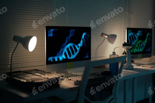 Preview: DNA research in laboratory with glowing screens
