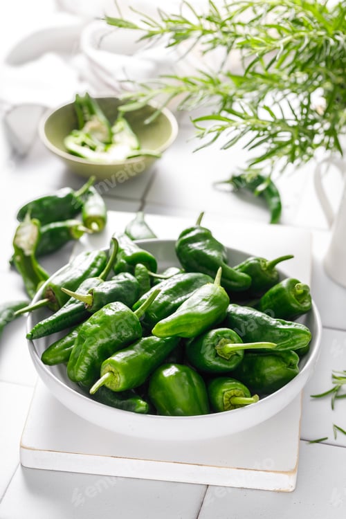 Preview: Fresh green Spanish Pimientos de Padron pepper, top view