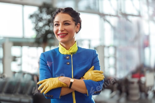 Preview: Cheerful flight attendant standing in airport terminal