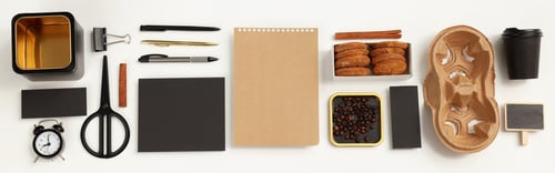 Preview: Mockup flat lay with different office accessories on white background