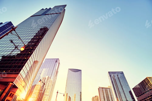 Preview: Retro toned Chicago downtown at sunset, USA