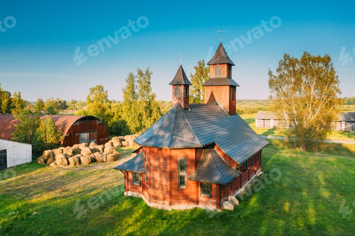 Preview: Perebrod'ye, Braslaw District, Vitebsk Voblast, Belarus. Aerial View Of Catholic Temple of the
