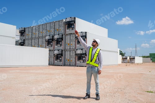 Preview: Container yard worker checking container at container yard warehouse.