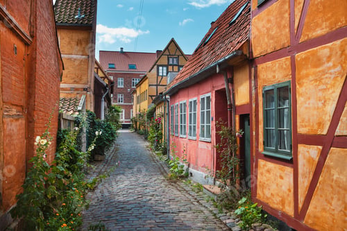 Preview: Historic houses on cobbled street in Helsingor, Zealand, Denmark