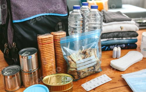 Preview: Emergency backpack equipment organized on the table