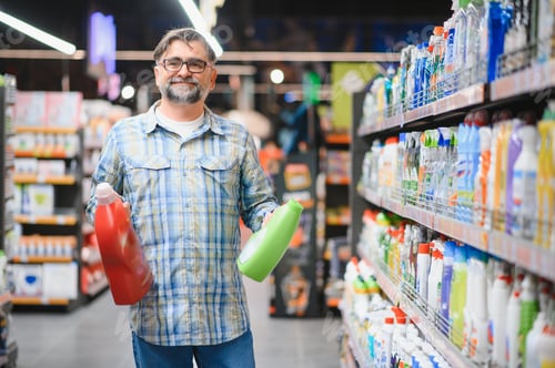 Preview: Man in the supermarket in the household chemicals department