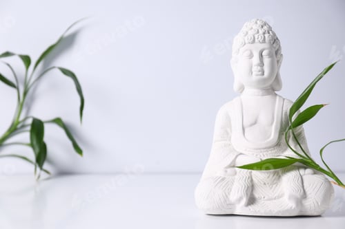 Preview: Buddha statue and leaves on white background, space for text
