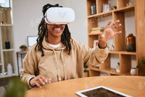 Preview: Virtual reality, vr metaverse or happy woman touch cyber ui dashboard, augmented reality or future