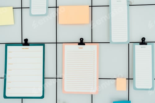 Preview: Close up grid mood inspiration board with mockup empty notes, Check lists and stickers on clamps