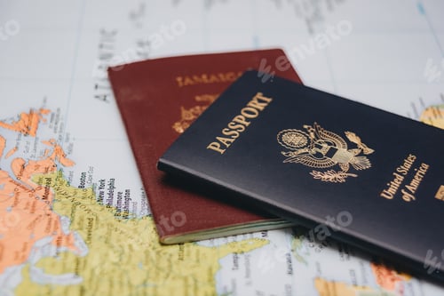 Preview: United States passport and Jamaican passport on world map