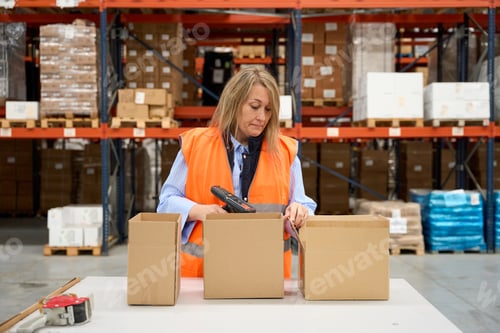 Preview: Warehouse worker scanning packages with barcode scanner