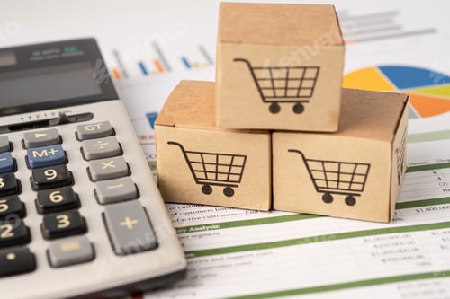 Preview: Shopping cart logo on box with calculator on graph background. Banking Account, Investment economy.