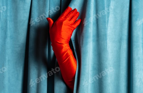 Preview: Red Glove Reaching from Blue Velvet Drapery