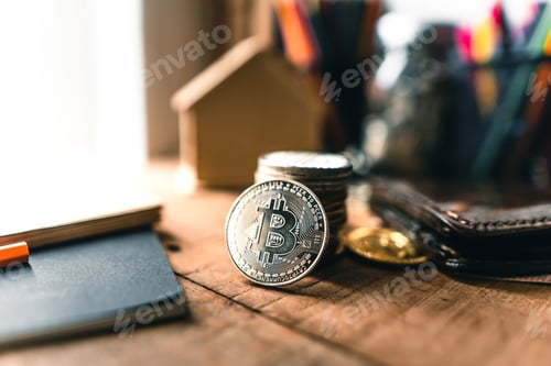 Preview: Bitcoin coins on a wooden desk at home