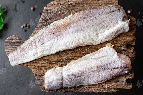 Preview: Hake Fish Fresh Seafood Organic Natural Ingredient On The Table Healthy Food Meal Snack Copy Space